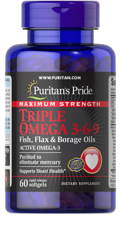 Aceite de Pescado, Lino y Borraja Triple Omega 3-6-9 de Fuerza Máxima