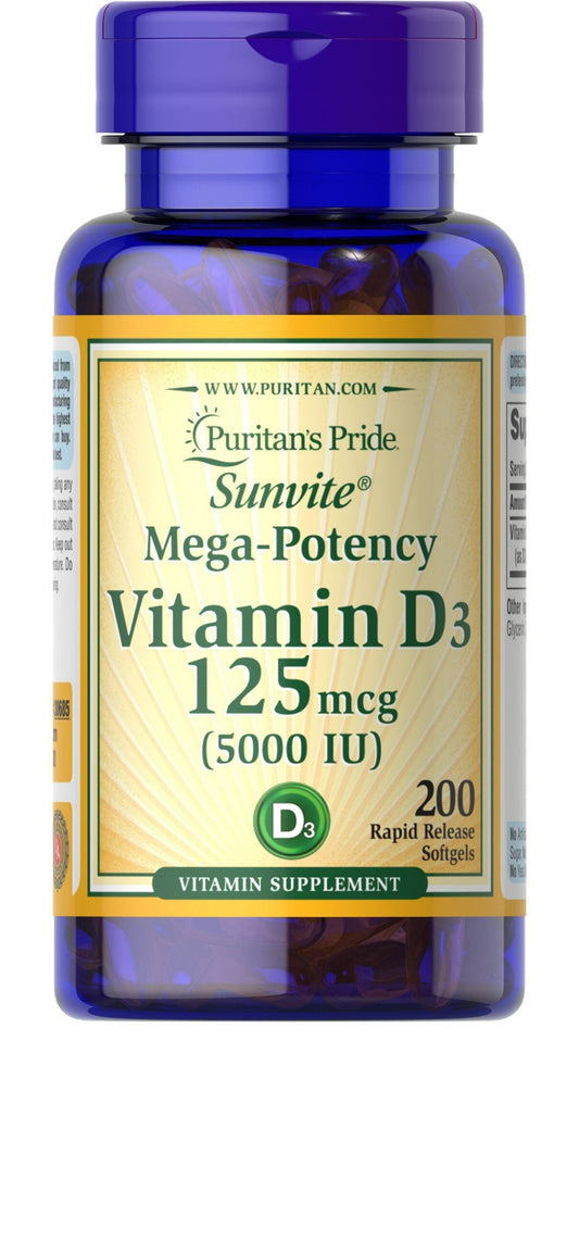 Dosis de vitamina D3 5000 UI - frasco con 200 cápsulas de gel