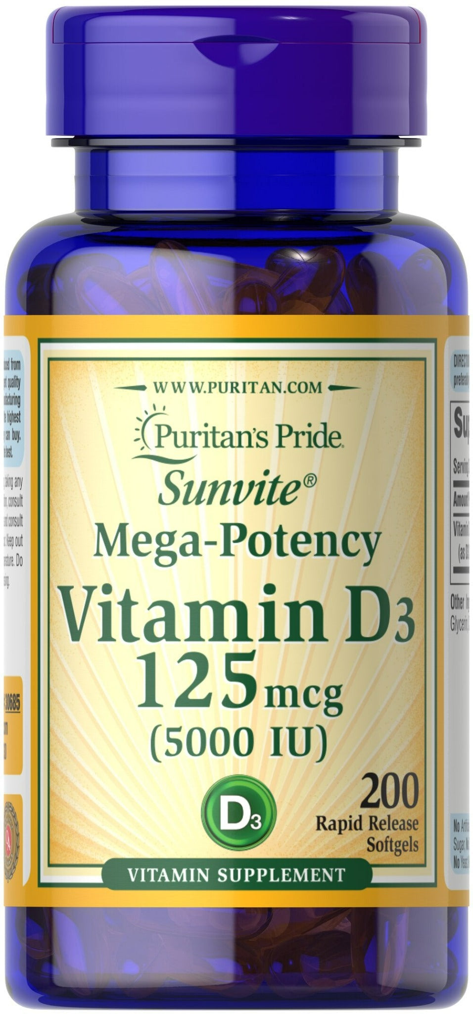 Dosis de vitamina D3 5000 UI - frasco con 200 cápsulas de gel