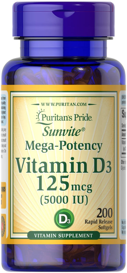 Dosis de vitamina D3 5000 UI - frasco con 200 cápsulas de gel